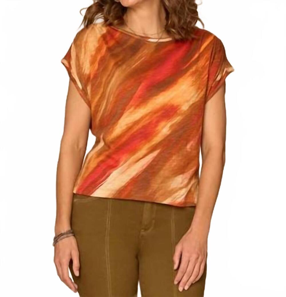NEW DEMOCRACY smocked scoop neck placement print knit top - plus in spiced tea m